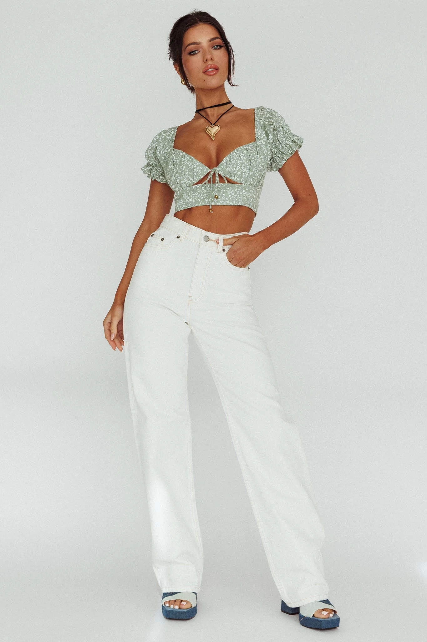 Sweet Romance Sweetheart Neckline Crop Top Floral Sage 3 Sweet Romance Sweetheart Neckline Crop Top Floral Sage - Image 3