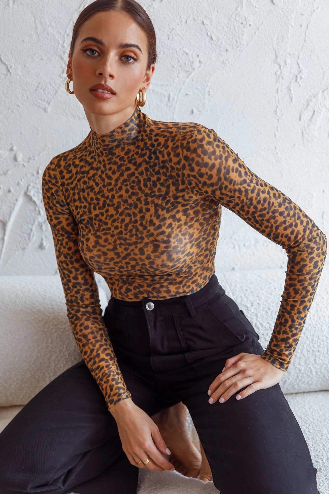 Feelin' It Long Sleeve Turtleneck Sheer Bodysuit Orange Leopard Print 1 Feelin' It Long Sleeve Turtleneck Sheer Bodysuit Orange Leopard Print