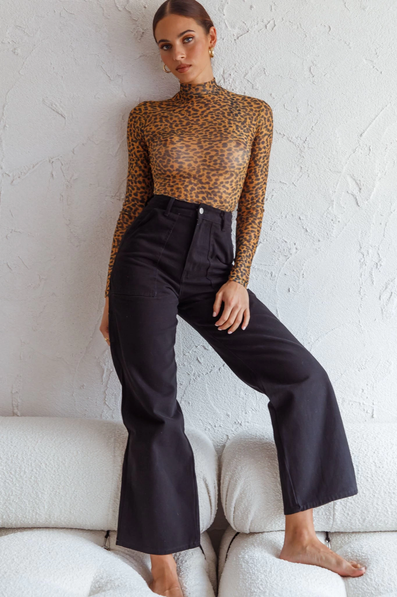 Feelin' It Long Sleeve Turtleneck Sheer Bodysuit Orange Leopard Print 3 Feelin' It Long Sleeve Turtleneck Sheer Bodysuit Orange Leopard Print - Image 3