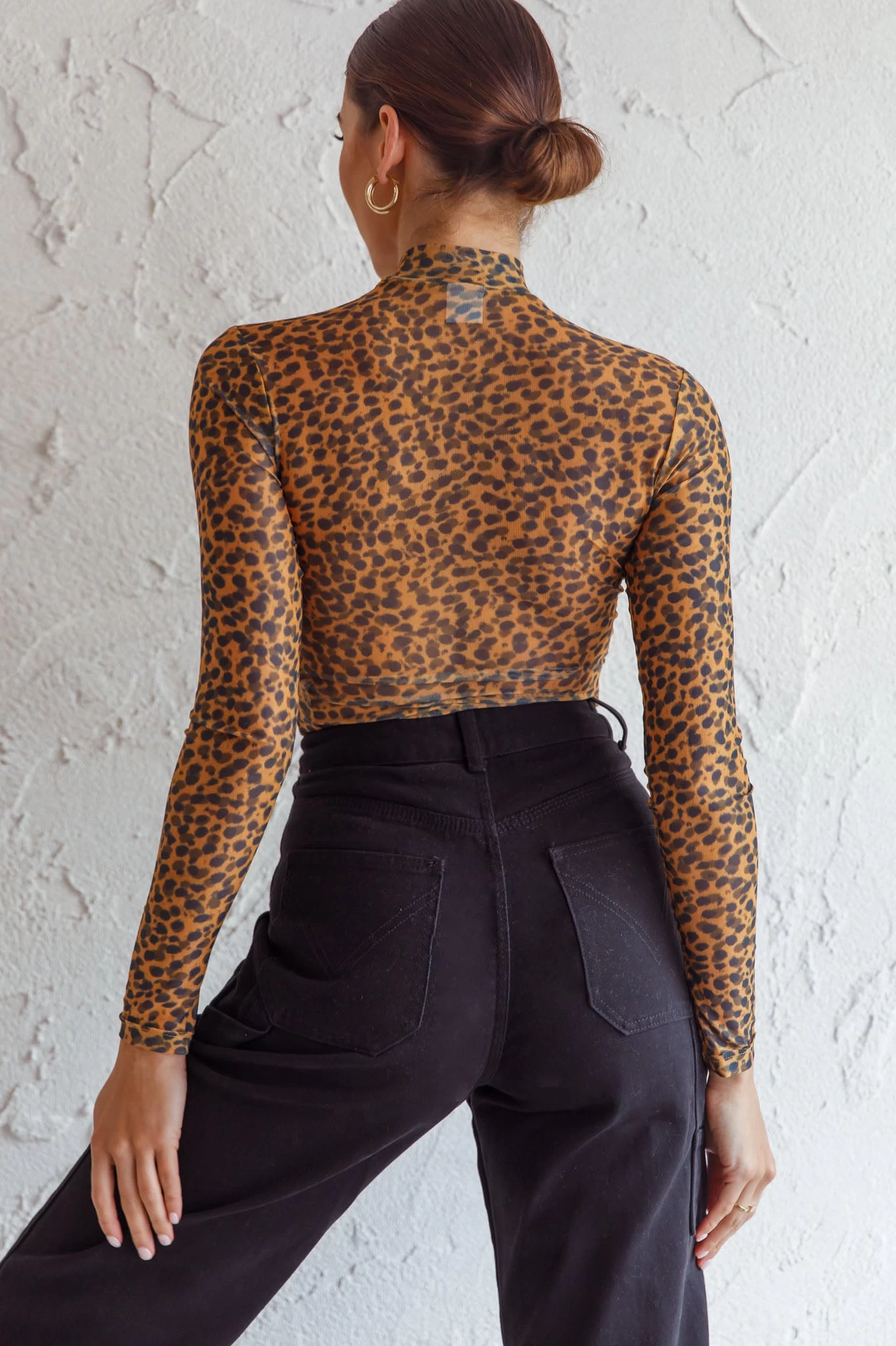 Feelin' It Long Sleeve Turtleneck Sheer Bodysuit Orange Leopard Print 2 Feelin' It Long Sleeve Turtleneck Sheer Bodysuit Orange Leopard Print - Image 2