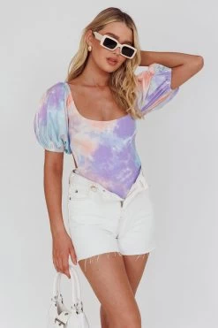 Just A Glimpse Puff Sleeve Open Back Bodysuit Tie-Dye Purple/Blue -Fashion women's clothing 63310J 20PURPLE BLUE 2