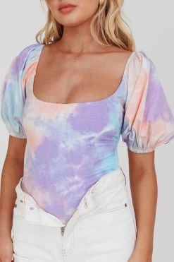 Just A Glimpse Puff Sleeve Open Back Bodysuit Tie-Dye Purple/Blue -Fashion women's clothing 63310J 20PURPLE BLUE 4