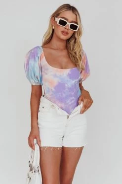 Just A Glimpse Puff Sleeve Open Back Bodysuit Tie-Dye Purple/Blue -Fashion women's clothing 63310J 20PURPLE BLUE 5