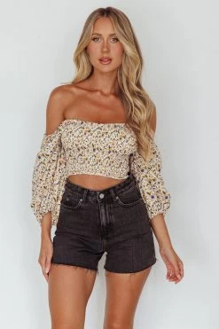 Maureen Off-Shoulder Shirred Crop Top Orange Multi -Fashion women's clothing 63359B 20ORANGE 20MULTI 5