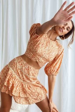 Belong Together Puff Sleeve Open Back Crop Top Floral Print Sun -Fashion women's clothing 63370D T SUN 8