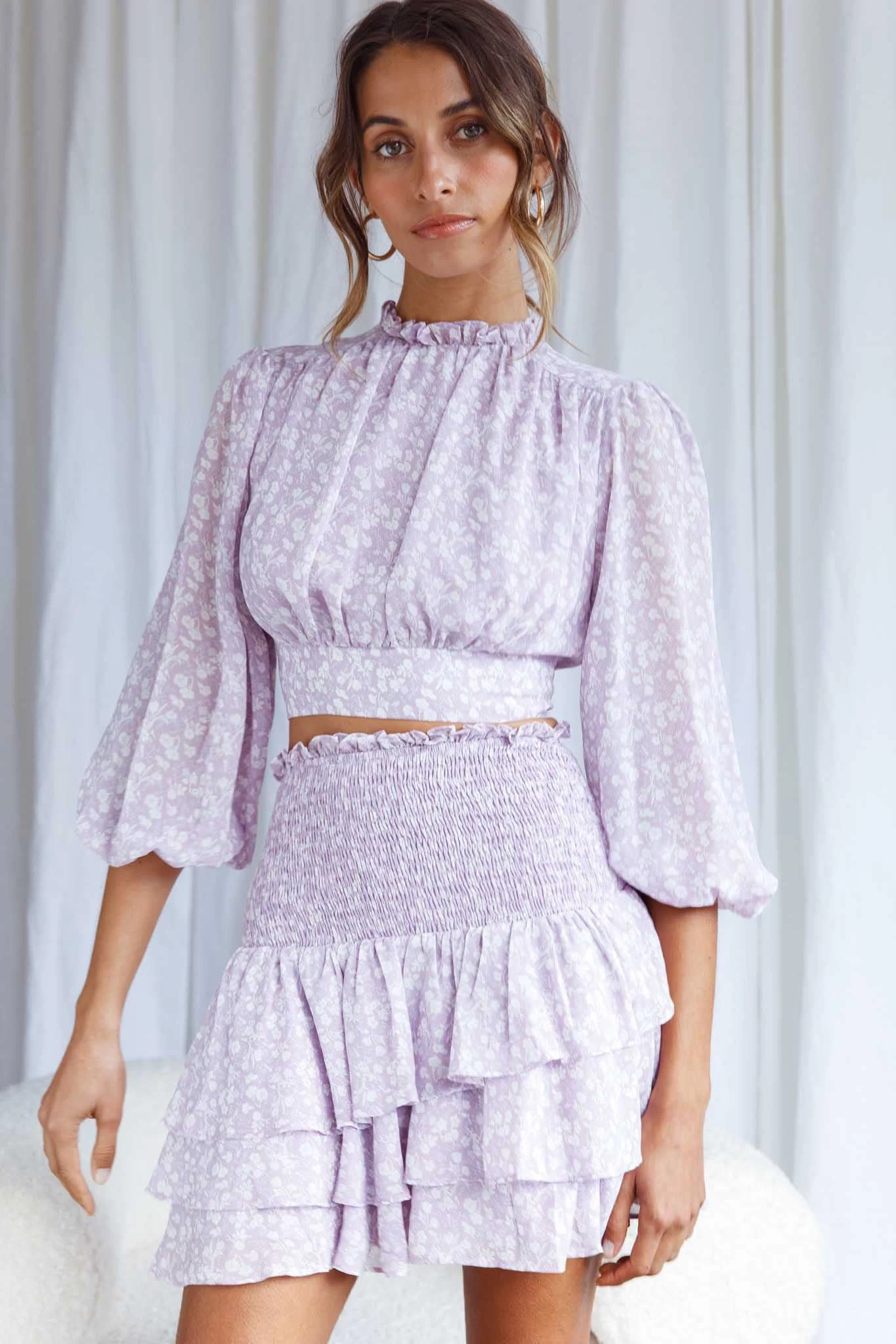 Whisked Away Shirred Waist Layered Mini Skirt Floral Print Lilac 3 Whisked Away Shirred Waist Layered Mini Skirt Floral Print Lilac - Image 3