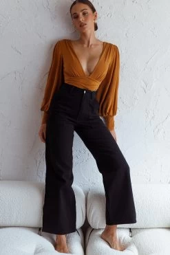 Sunsets In Tahiti Deep V-Neckline Lantern Sleeve Bodysuit Tan -Fashion women's clothing 63386D TAN 2