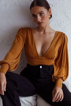 Sunsets In Tahiti Deep V-Neckline Lantern Sleeve Bodysuit Tan -Fashion women's clothing 63386D TAN 4