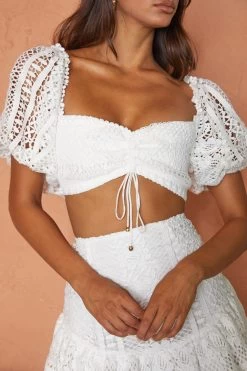 Daydreamer Puff Sleeve Drawstring Bust Lace Crop Top White -Fashion women's clothing 63578J T 20WHITE 4