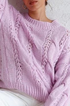 Nicola Long Sleeve Chunky Cable Knit Sweater Lilac -Fashion women's clothing 71001D LILAC 4