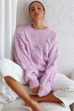 Nicola Long Sleeve Chunky Cable Knit Sweater Lilac -Fashion women's clothing 71001D LILAC 5