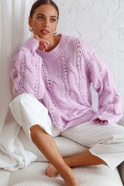 Nicola Long Sleeve Chunky Cable Knit Sweater Lilac -Fashion women's clothing 71001D LILAC 6