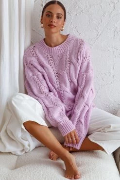 Nicola Long Sleeve Chunky Cable Knit Sweater Lilac -Fashion women's clothing 71001D LILAC 8