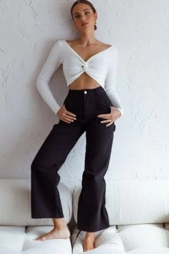 Dream Weaver Long Sleeve Twist Bust Crop Top White -Fashion women's clothing 71023D WHITE 2