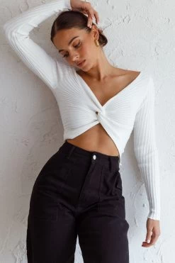 Dream Weaver Long Sleeve Twist Bust Crop Top White -Fashion women's clothing 71023D WHITE 4