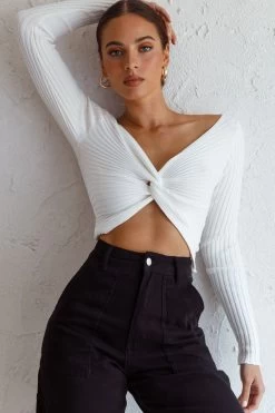 Dream Weaver Long Sleeve Twist Bust Crop Top White -Fashion women's clothing 71023D WHITE 7