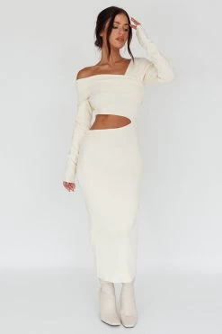 Tamar Long Sleeve One-Shoulder Midi Dress Cream -Fashion women's clothing 71024DR03 20CREAM 2