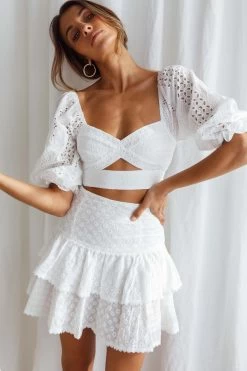 Cynthia Layered Ruffle Eyelet Embroidery Skirt White -Fashion women's clothing A0044J WHITE 5