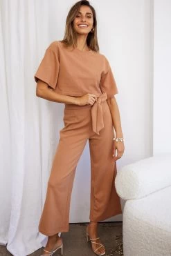 Larissa Waist Tie Wide Leg Pants Tan -Fashion women's clothing A0196J S TAN 2