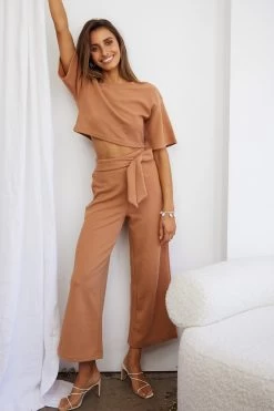 Larissa Waist Tie Wide Leg Pants Tan -Fashion women's clothing A0196J S TAN 5