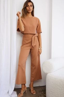 Larissa Waist Tie Wide Leg Pants Tan -Fashion women's clothing A0196J S TAN 8
