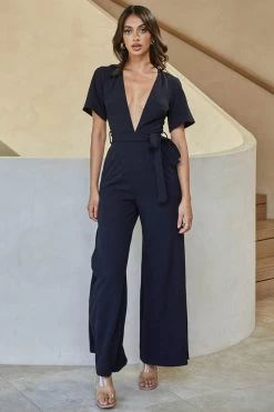 Rhone River Deep V-Neckline Wide Leg Waist Tie Jumpsuit Black -Fashion women's clothing A0222J BLACK 6