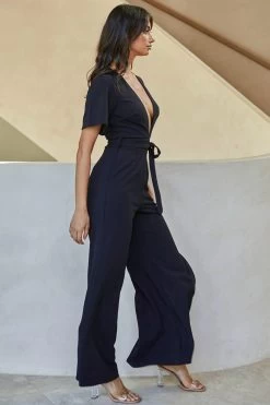 Rhone River Deep V-Neckline Wide Leg Waist Tie Jumpsuit Black -Fashion women's clothing A0222J BLACK 8