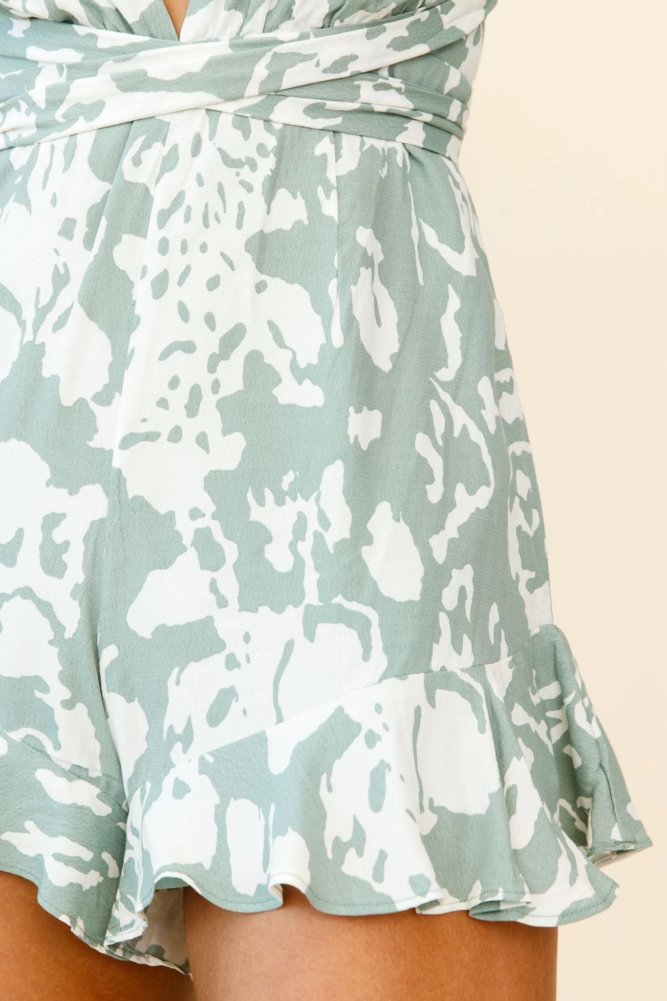 Playa Vista Halterneck Frill Hem Romper Stencil Print Sage 4 Playa Vista Halterneck Frill Hem Romper Stencil Print Sage - Image 4