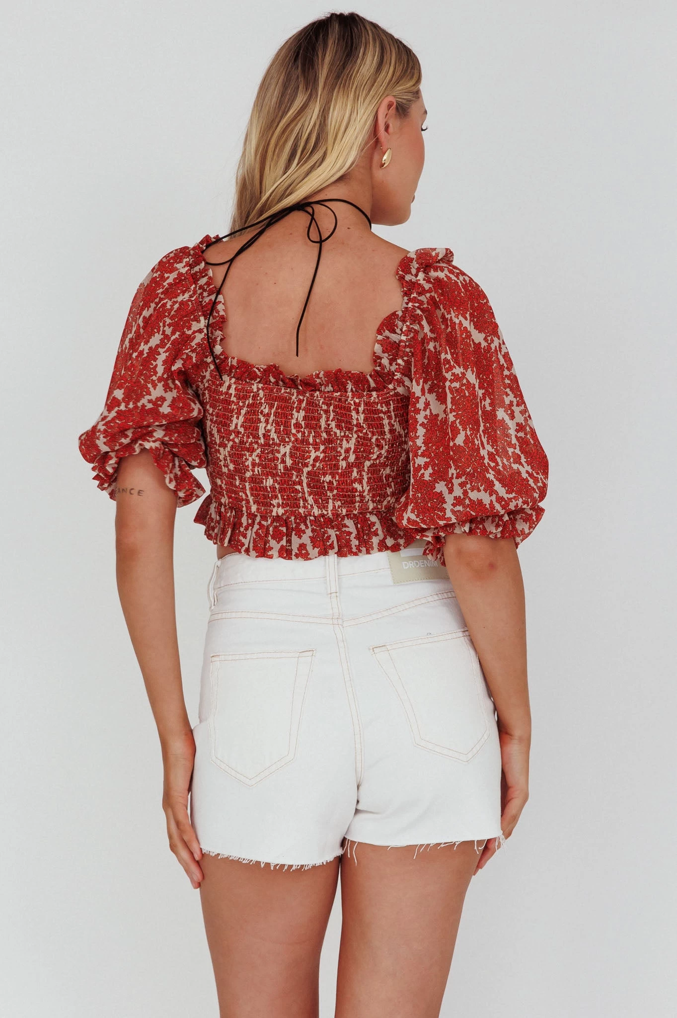 Meet Cute Shirred Bust Off-Shoulder Crop Top Floral Beige 2 Meet Cute Shirred Bust Off-Shoulder Crop Top Floral Beige - Image 2
