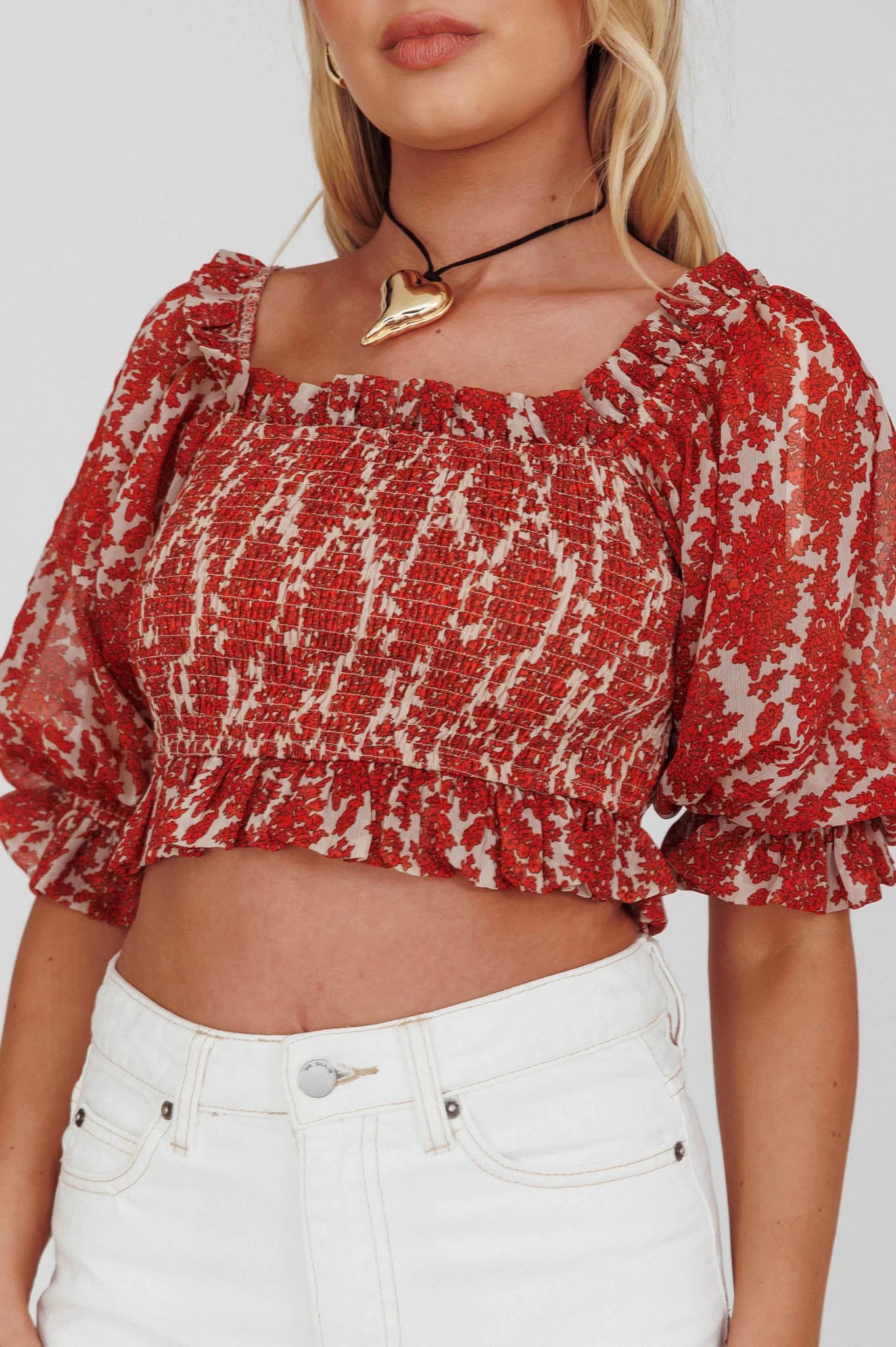 Meet Cute Shirred Bust Off-Shoulder Crop Top Floral Beige 4 Meet Cute Shirred Bust Off-Shoulder Crop Top Floral Beige - Image 4