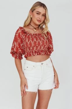 Meet Cute Shirred Bust Off-Shoulder Crop Top Floral Beige 9 Meet Cute Shirred Bust Off-Shoulder Crop Top Floral Beige -Fashion women's clothing CM0319D 20BEIGE 5