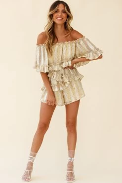 Astoria Bardot Neckline Frill Romper Floral & Stripe Print Yellow 12 Astoria Bardot Neckline Frill Romper Floral & Stripe Print Yellow -Fashion women's clothing CM0698D YELLOW 2