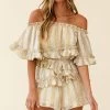 Astoria Bardot Neckline Frill Romper Floral & Stripe Print Yellow
