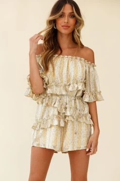 Astoria Bardot Neckline Frill Romper Floral & Stripe Print Yellow 14 Astoria Bardot Neckline Frill Romper Floral & Stripe Print Yellow -Fashion women's clothing CM0698D YELLOW 5