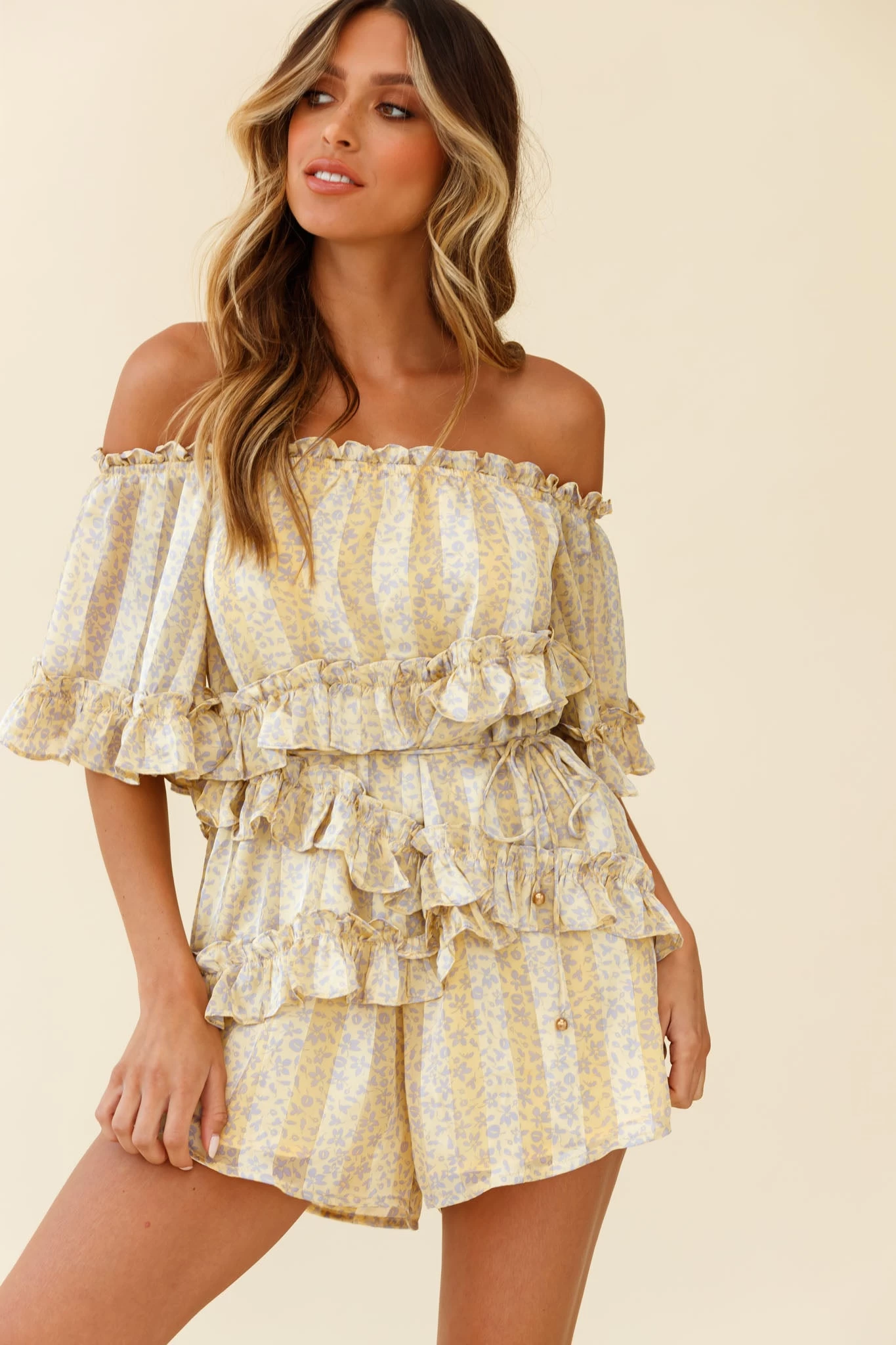 Astoria Bardot Neckline Frill Romper Floral & Stripe Print Yellow 8 Astoria Bardot Neckline Frill Romper Floral & Stripe Print Yellow - Image 8