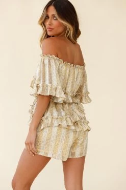 Astoria Bardot Neckline Frill Romper Floral & Stripe Print Yellow 10 Astoria Bardot Neckline Frill Romper Floral & Stripe Print Yellow -Fashion women's clothing CM0698D YELLOW 8