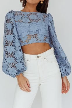 Arriana Balloon Sleeve Lace Crop Top Blue -Fashion women's clothing CM1136B01 20BLUE 4