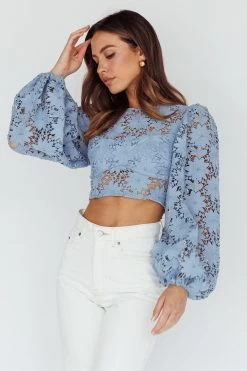 Arriana Balloon Sleeve Lace Crop Top Blue -Fashion women's clothing CM1136B01 20BLUE 5