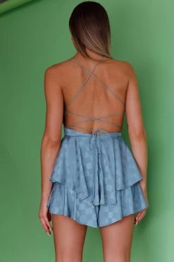 Mon Cherie Cowl Neckline Lace-Up Back Romper Square Pattern Sage -Fashion women's clothing CM1170DG03 20SAGE 8