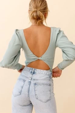 Moneymaker Lantern Sleeve Open Back Bodysuit Sage -Fashion women's clothing CM1181B01 SAGE 6