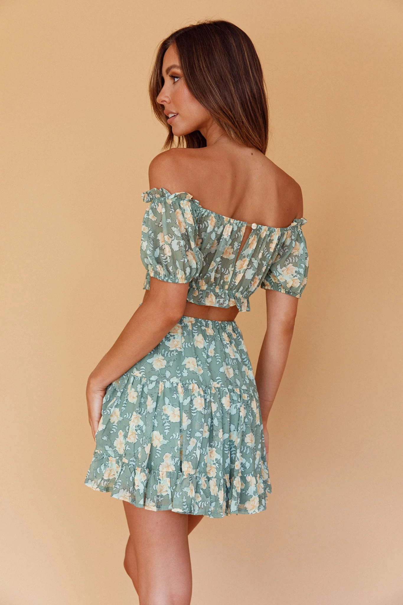 Archana Puff Sleeve Crop Top Floral Green 2 Archana Puff Sleeve Crop Top Floral Green - Image 2