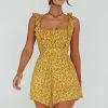 Lazy Sunday Frill Strap Tie-Up Back Romper Floral Print Mustard