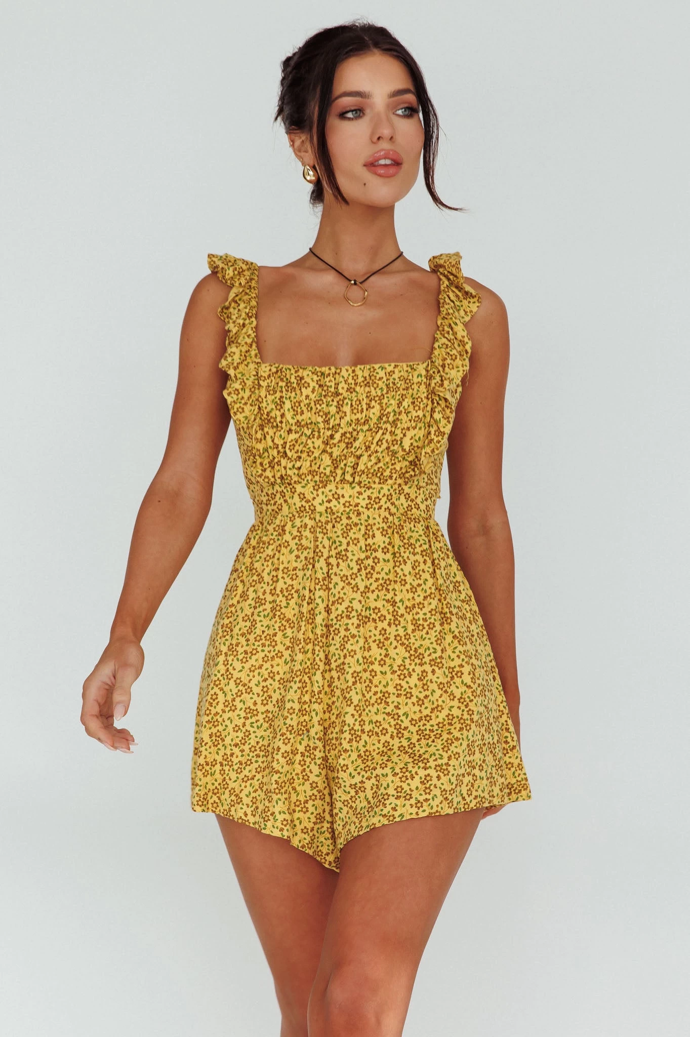 Lazy Sunday Frill Strap Tie-Up Back Romper Floral Print Mustard 1 Lazy Sunday Frill Strap Tie-Up Back Romper Floral Print Mustard