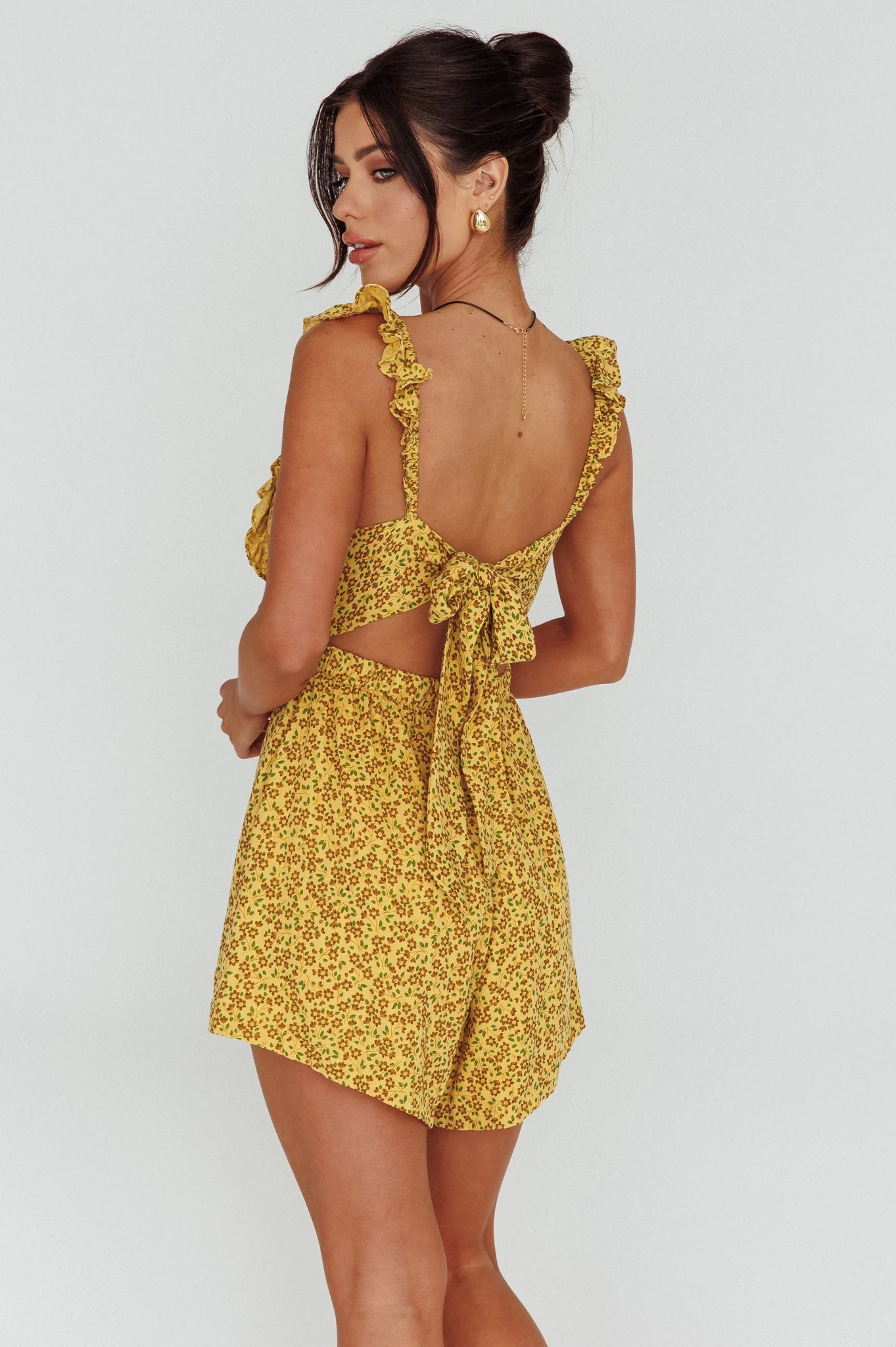 Lazy Sunday Frill Strap Tie-Up Back Romper Floral Print Mustard 2 Lazy Sunday Frill Strap Tie-Up Back Romper Floral Print Mustard - Image 2