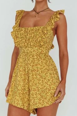 Lazy Sunday Frill Strap Tie-Up Back Romper Floral Print Mustard 9 Lazy Sunday Frill Strap Tie-Up Back Romper Floral Print Mustard -Fashion women's clothing CM1292J 20MUSTARD 4