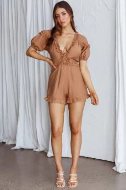 Galatia Frill Trim Puff Sleeve Romper Tan -Fashion women's clothing CM1309B01 20TAN 2