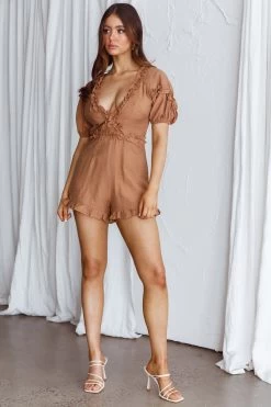 Galatia Frill Trim Puff Sleeve Romper Tan -Fashion women's clothing CM1309B01 20TAN 5