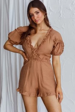 Galatia Frill Trim Puff Sleeve Romper Tan -Fashion women's clothing CM1309B01 20TAN 6