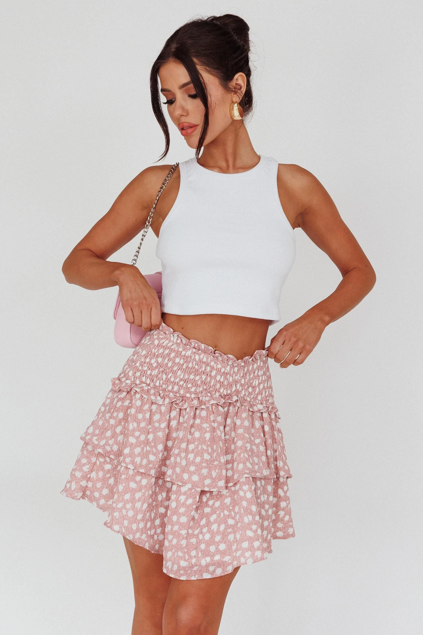 Sylvie Shirred Waist Layered Mini Skirt Pink 1 Sylvie Shirred Waist Layered Mini Skirt Pink