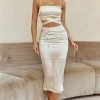 Desert Skies Ruched Drawstring Satin Midi Skirt Champagne